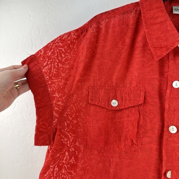 Chicos Camp Button Shirt Womens L‎ Burn out Semi Sheer Coral Red 2 Linen Blend - Picture 2 of 6